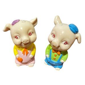 Vtg Kitschy Pig Salt & Pepper Shakers Anthropomorphic Plastic W/ Stoppers